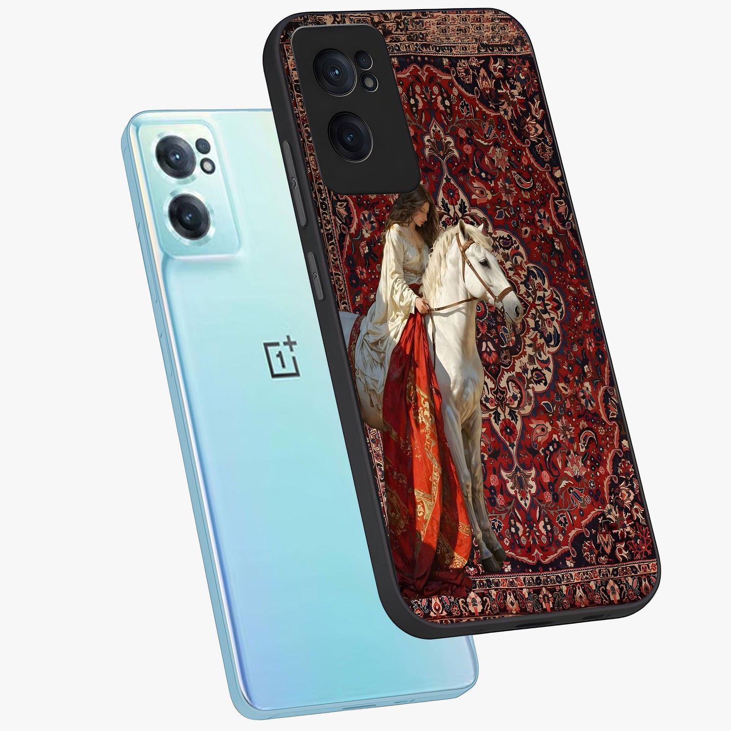 Royal Ride Rug Glass Case for 1+Nord CE 2 side perspective highlighting detailed pattern textures and sleek build