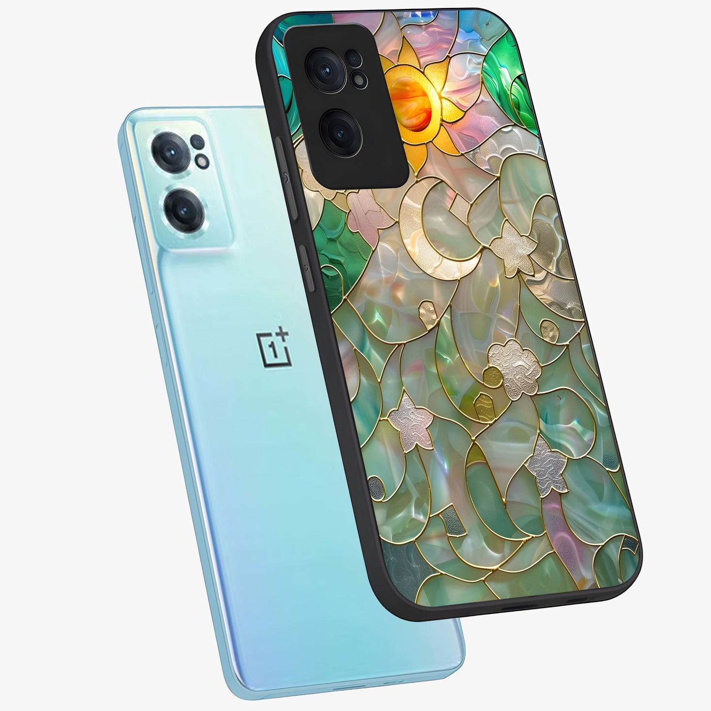 Stained Sunrise Glow Glass Case for 1+Nord CE 2 side perspective highlighting luminous textures and sleek premium build