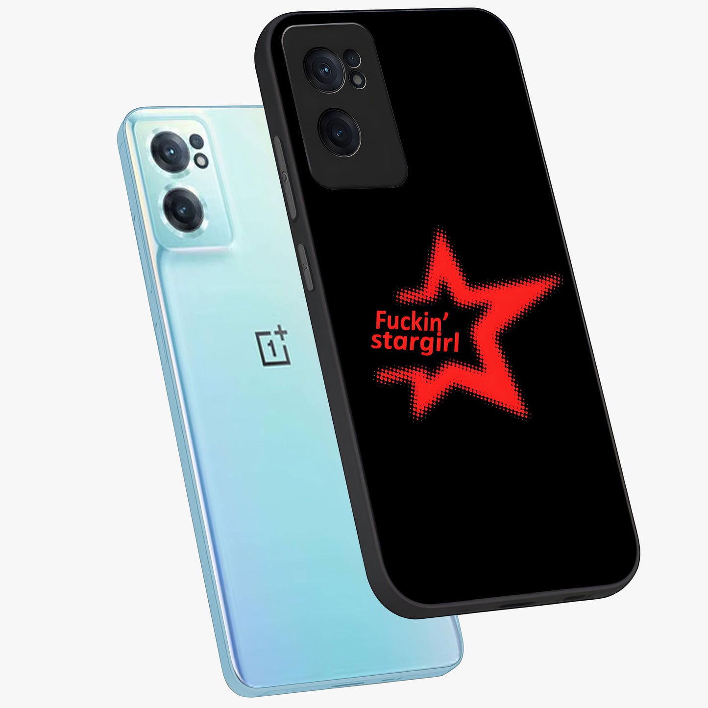 Starboy and Stargirl Energy Glass Case for 1+Nord Ce 2 side perspective highlighting dynamic illustration textures and premium edges