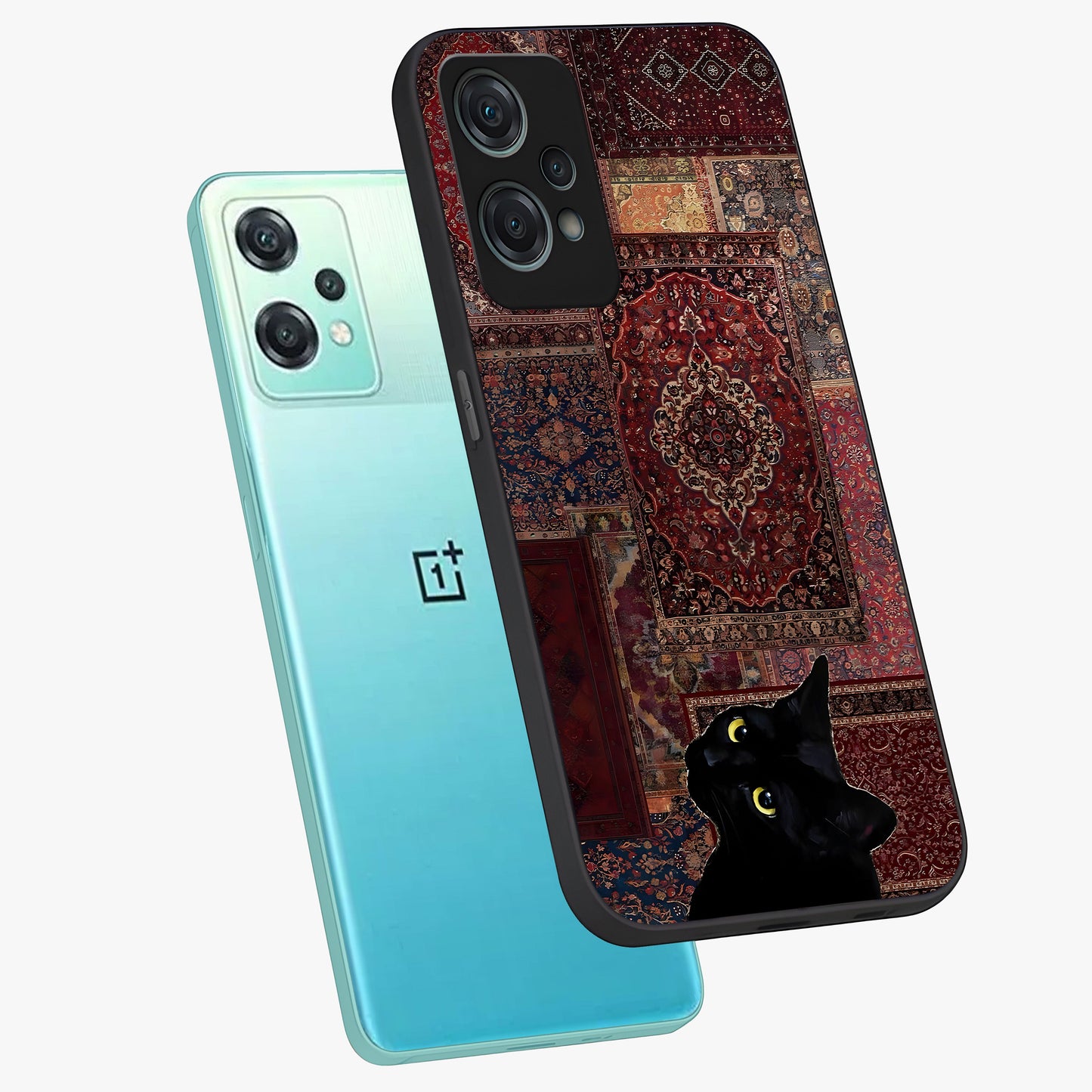 Regal Magic Cat Apple Glass Case for 1+Nord Ce 2 Lite angled mockup showcasing glossy finish and vibrant illustration detailing