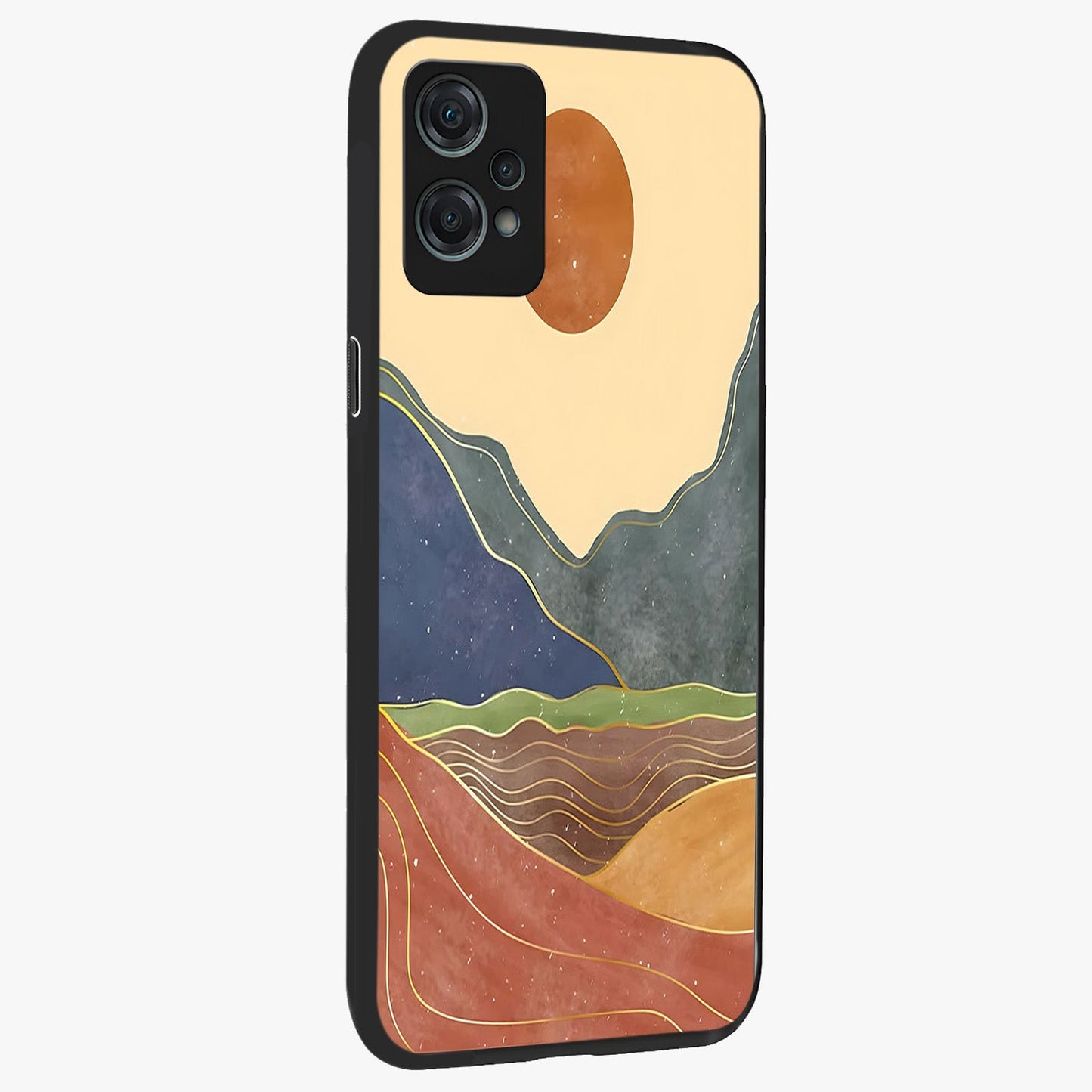 Abstract Mountain Glow Glass Case for 1+Nord Ce 2 Lite side perspective highlighting luminous mountain design details