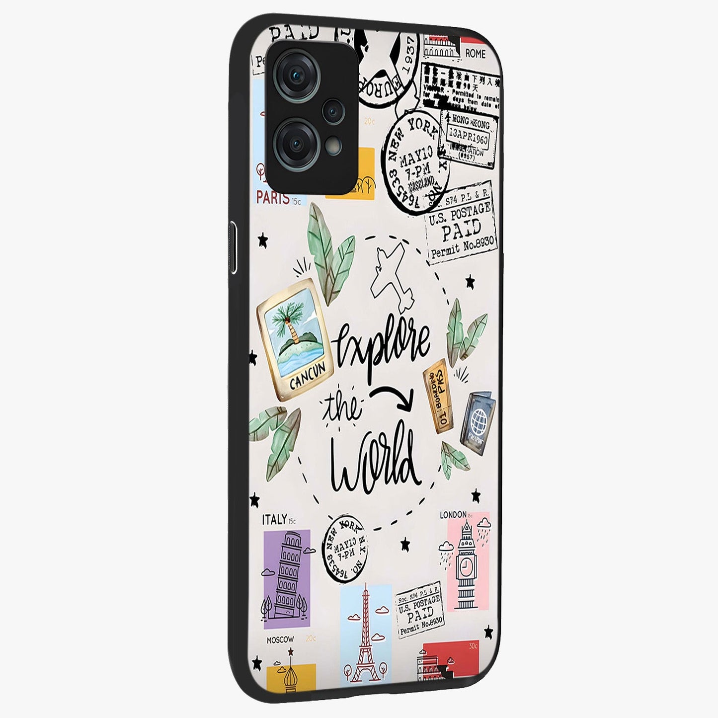 Adventure Awaits Art Glass Case for 1+Nord Ce 2 Lite side perspective highlighting motivational travel graphic details