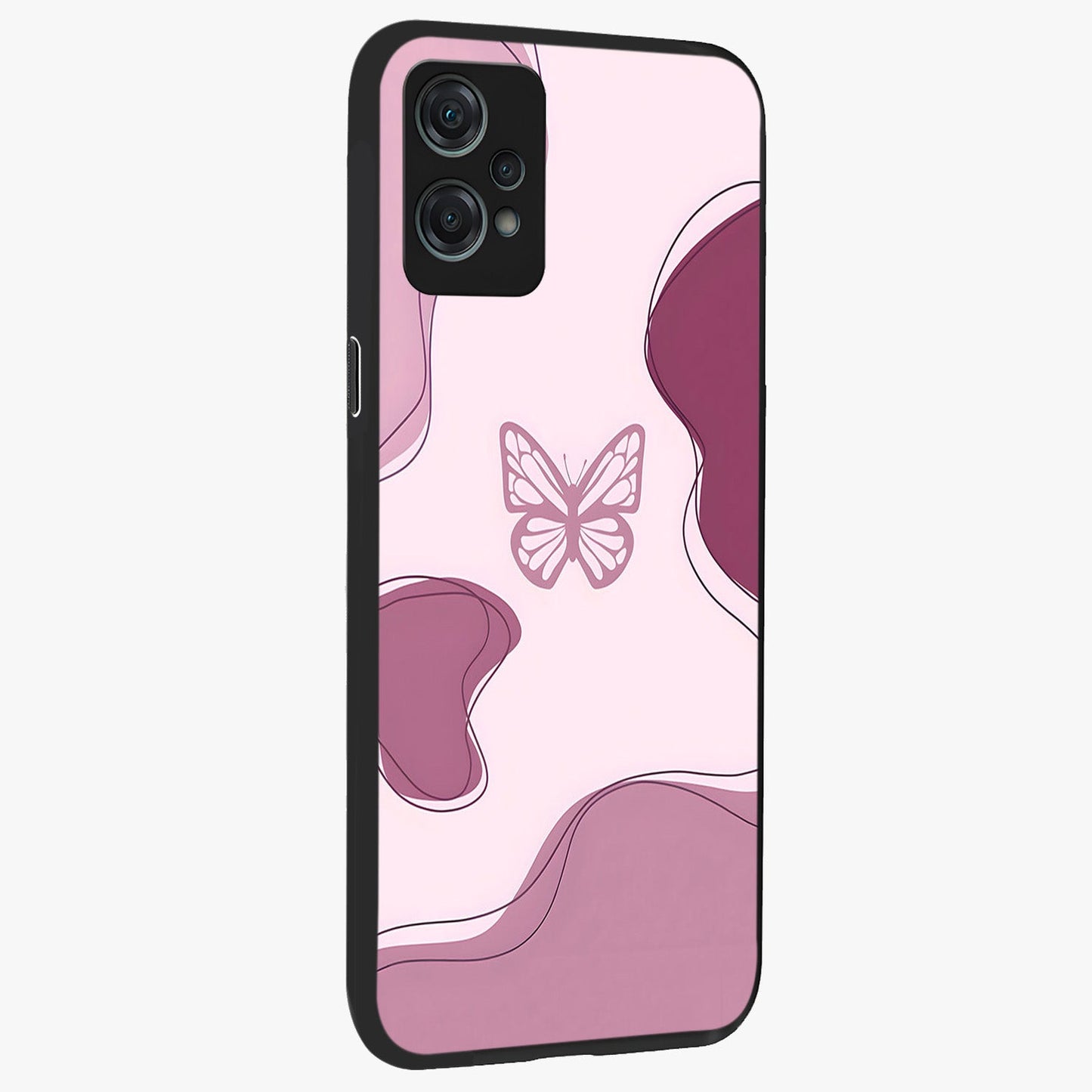 Aesthetic Pinkish Custom Name Butterfly Glass Case for 1+Nord Ce 2 Lite side perspective highlighting premium edges and butterfly detailing