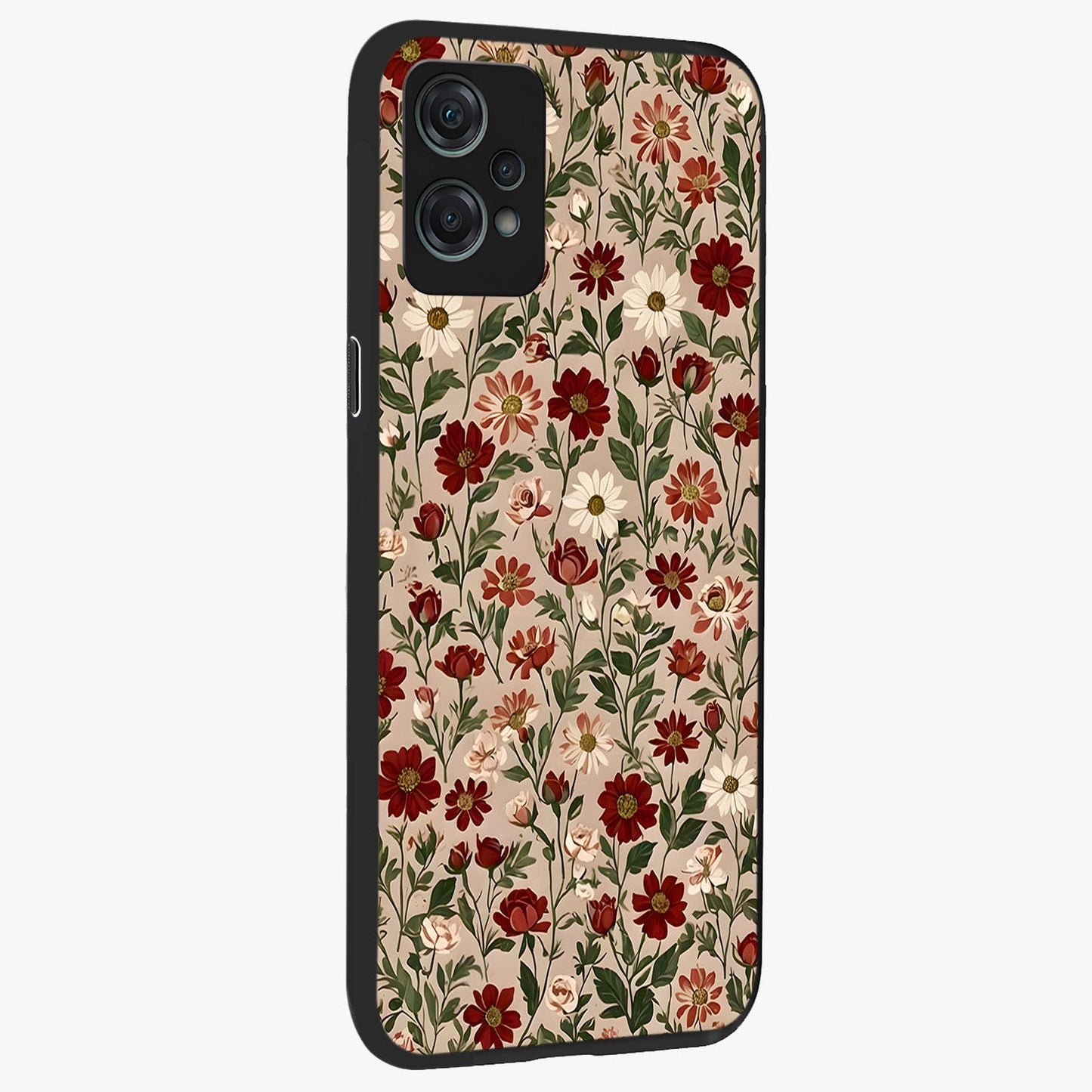 Biege Flower With Leaf Glass Case for 1+Nord Ce 2 Lite side perspective highlighting subtle tones and elegant flower texture
