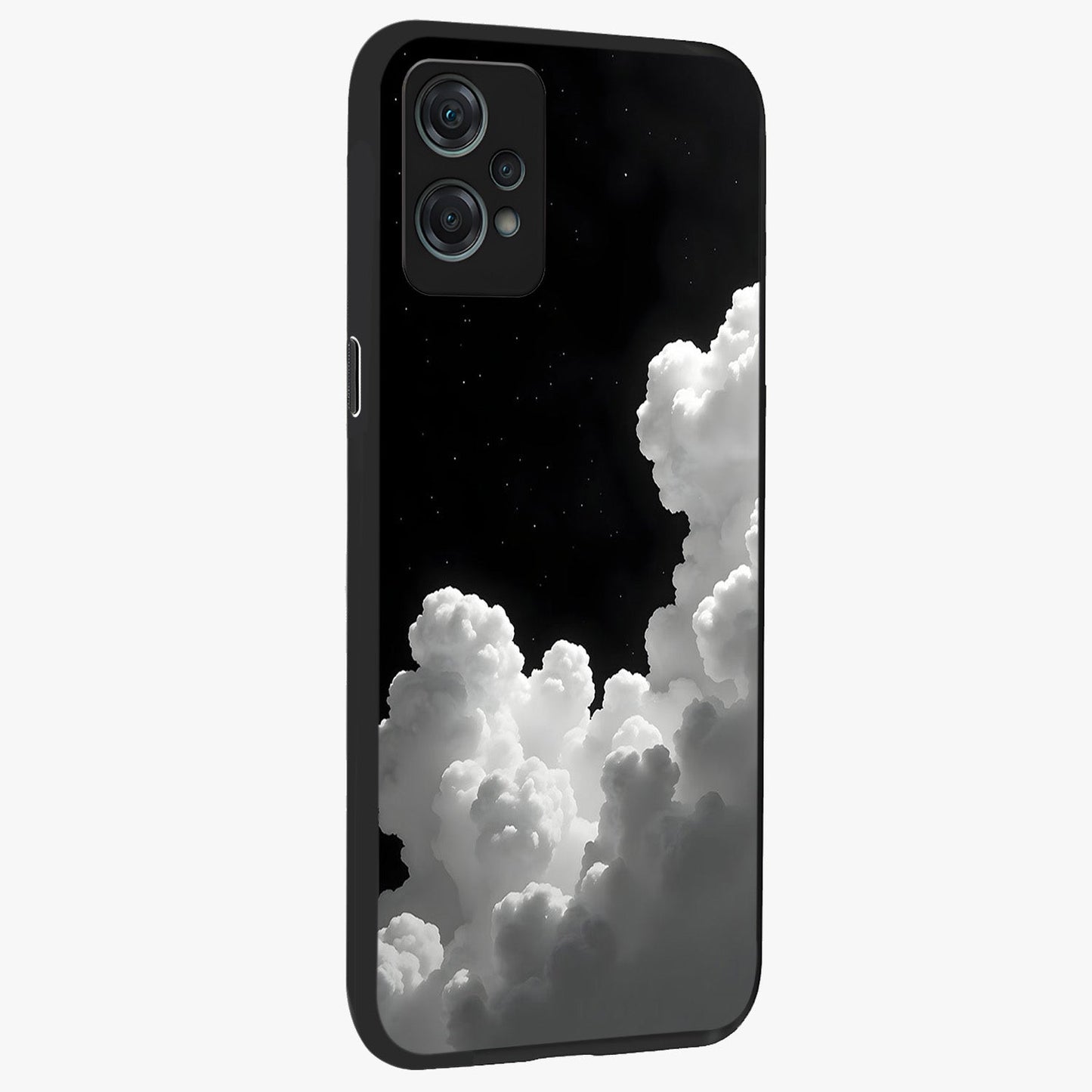 Black Background With White Cloud Glass Case for 1+Nord Ce 2 Lite side perspective highlighting smooth edges and minimalist sky theme