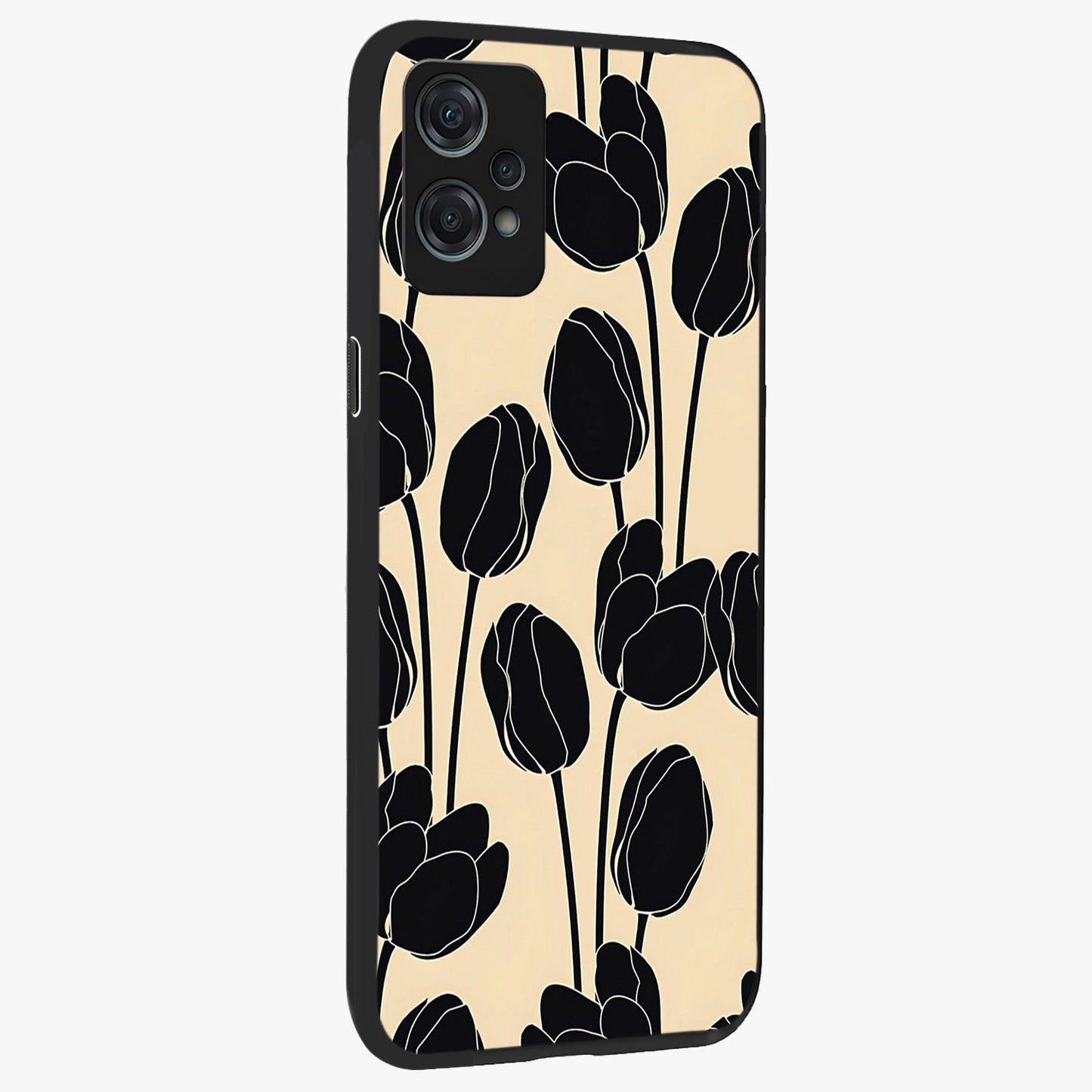 Black Designer Tulip Glass Case for 1+Nord Ce 2 Lite side perspective highlighting bold contrast and stylish tulip illustration