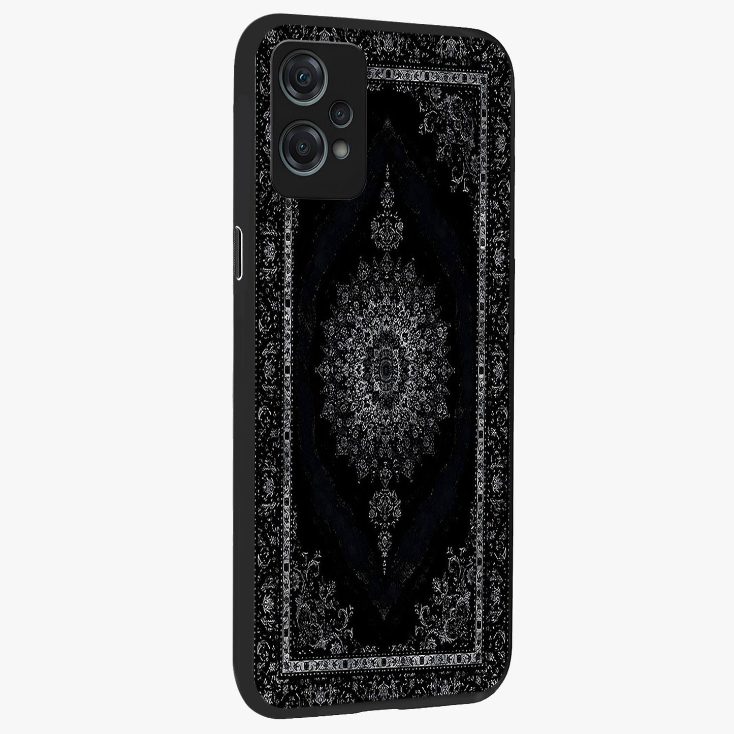 Black Persian Carpet Glass Case for 1+Nord Ce 2 Lite side perspective highlighting classic pattern textures and premium build