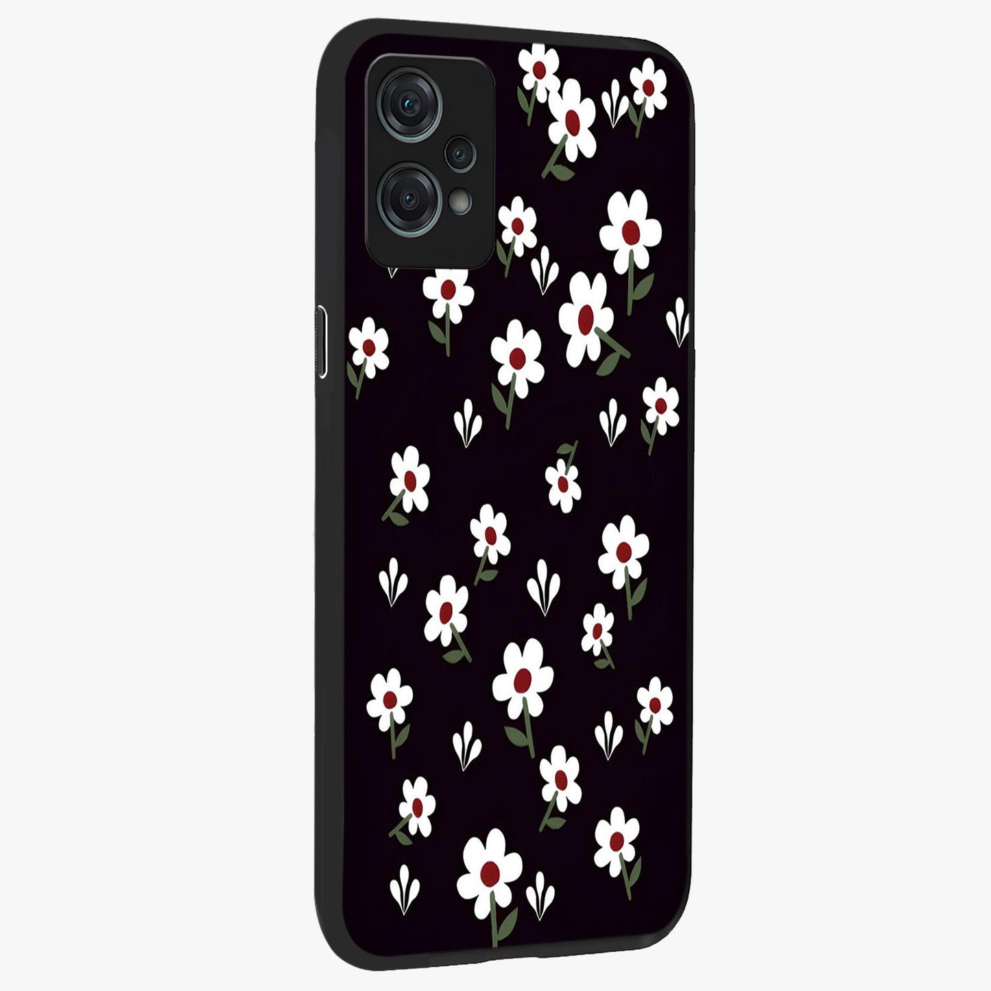 Black Prints Daisy Flower Pattern Glass Case for 1+Nord Ce 2 Lite side perspective highlighting delicate daisy details and smooth edges