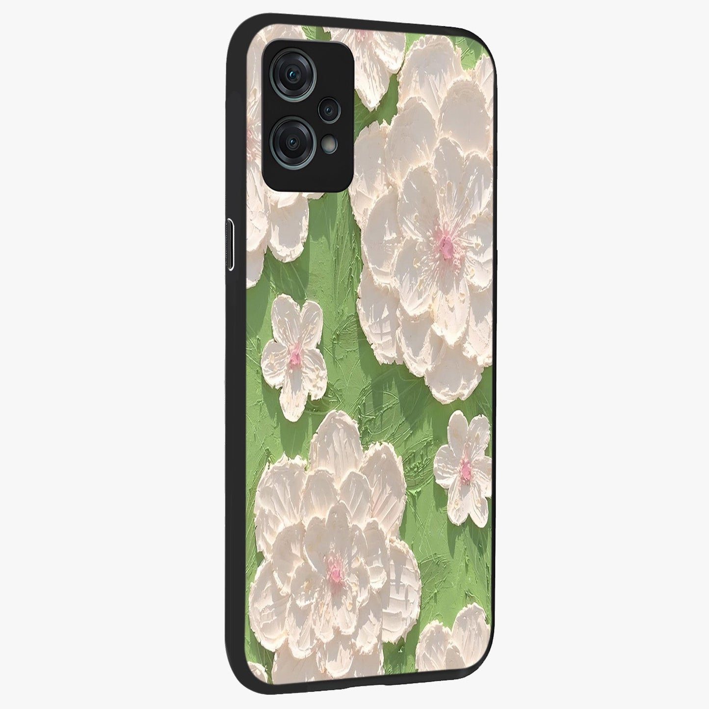 Blossom Meadow Dreams Glass Case for 1+Nord Ce 2 Lite side perspective highlighting serene floral design and smooth edges
