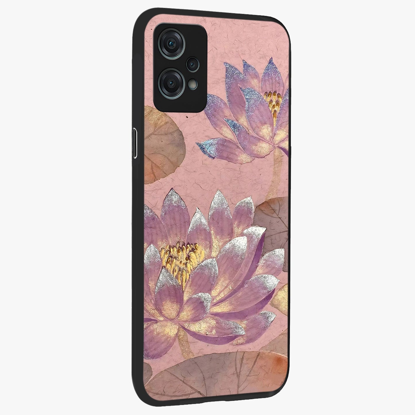 Blossom Mist Lotus Glass Case for 1+Nord Ce 2 Lite side perspective highlighting elegant lotus illustration and premium build