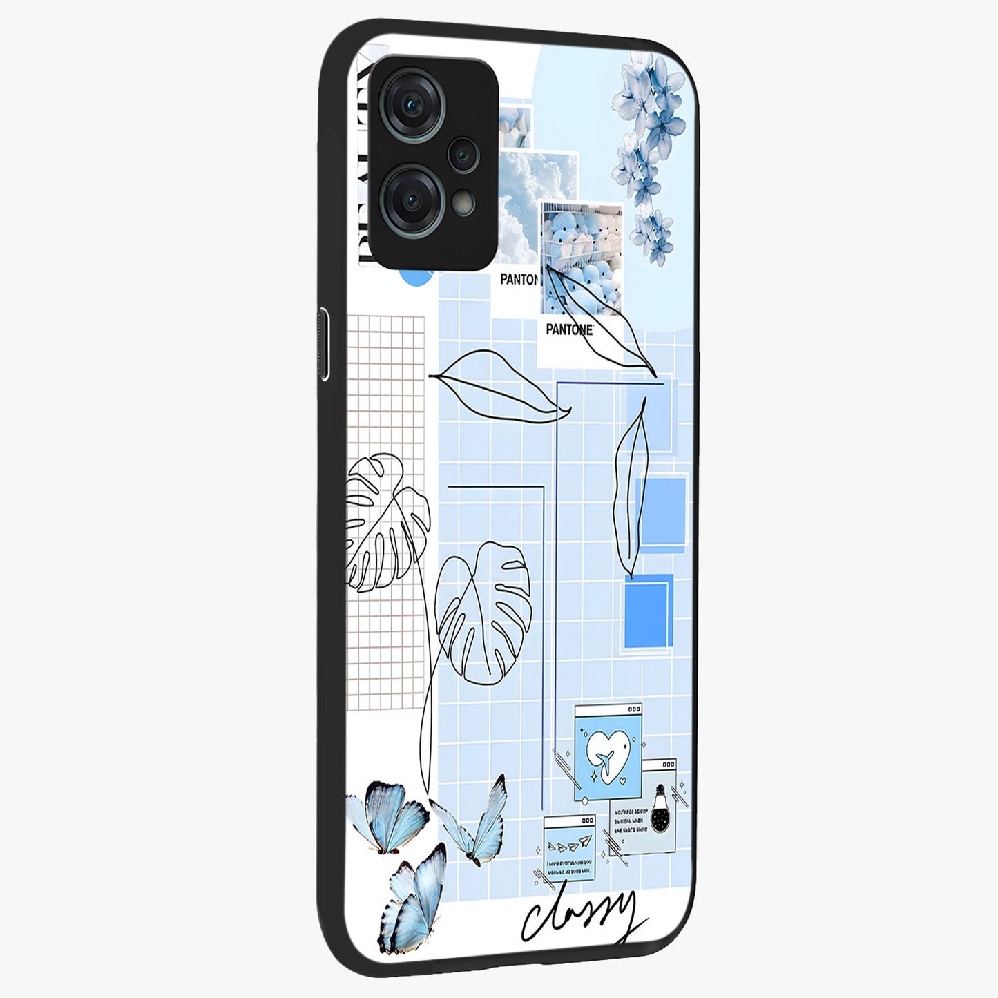 Blue Aesthetic Flower Glass Case for 1+Nord Ce 2 Lite side perspective highlighting calming blue tones and premium detailing