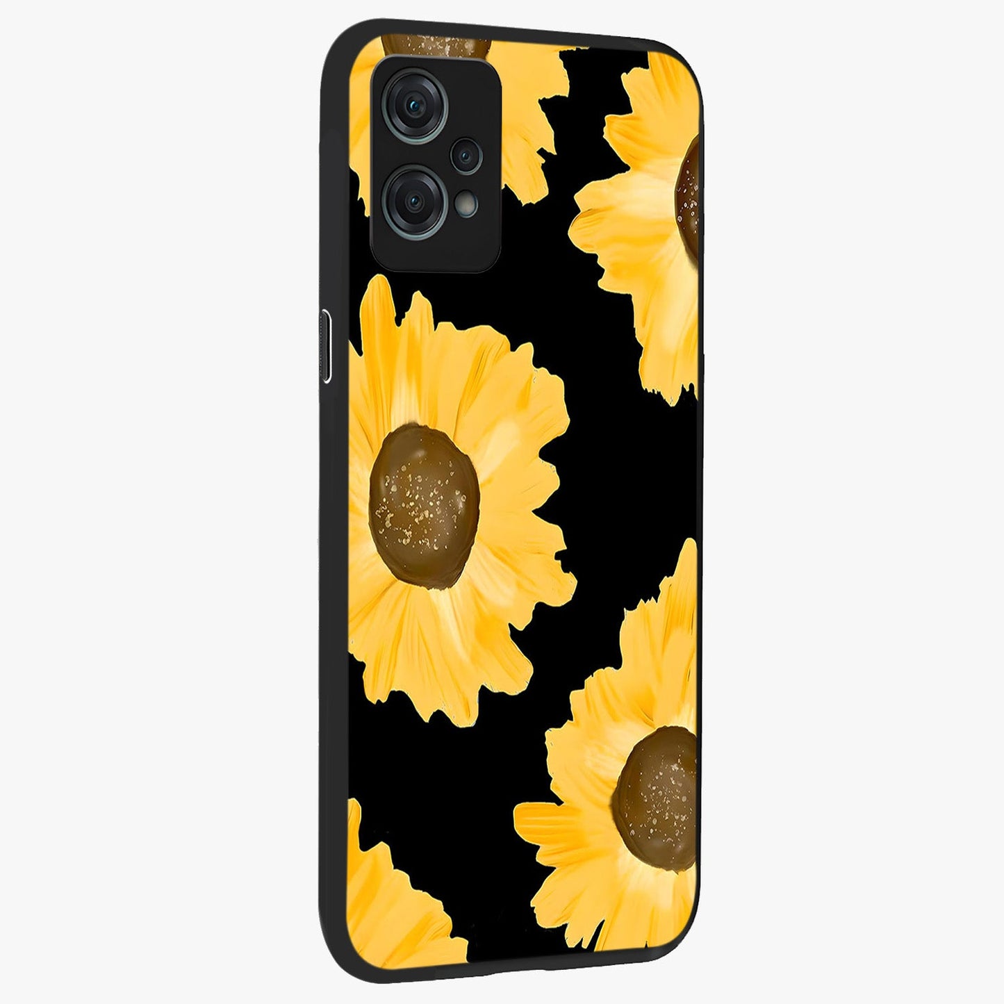 Bold Sunflowers Glow Glass Case for 1+Nord Ce 2 Lite side perspective highlighting rich yellow hues and premium edge finish