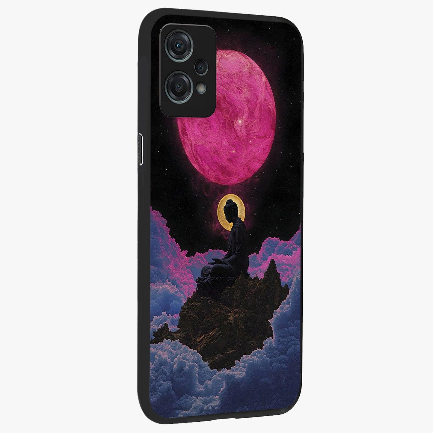 Buddha and Planets Glass Case for 1+Nord Ce 2 Lite side perspective highlighting divine illustration details and premium build