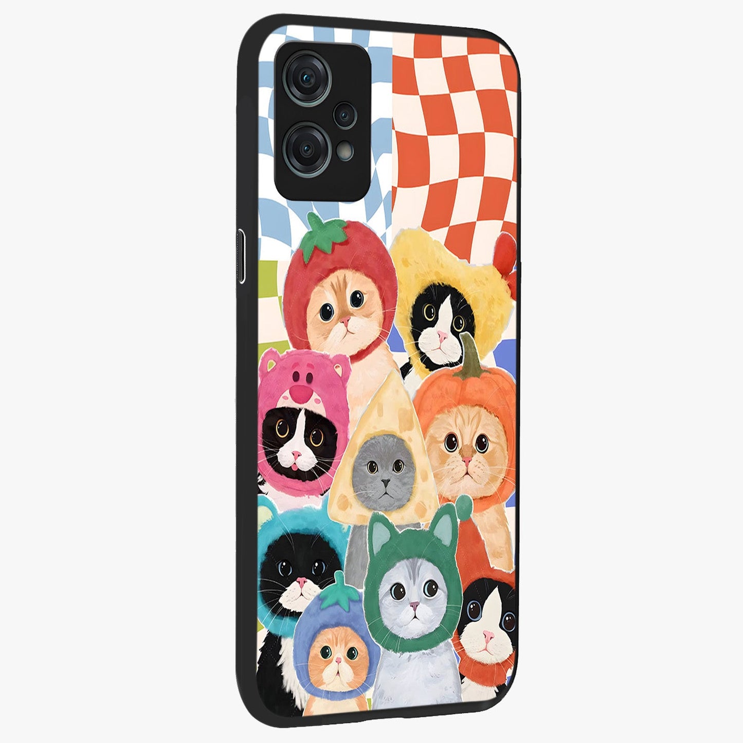 Cats in Fruits Glass Case for 1+Nord Ce 2 Lite side perspective highlighting fun detailing and premium smooth edges