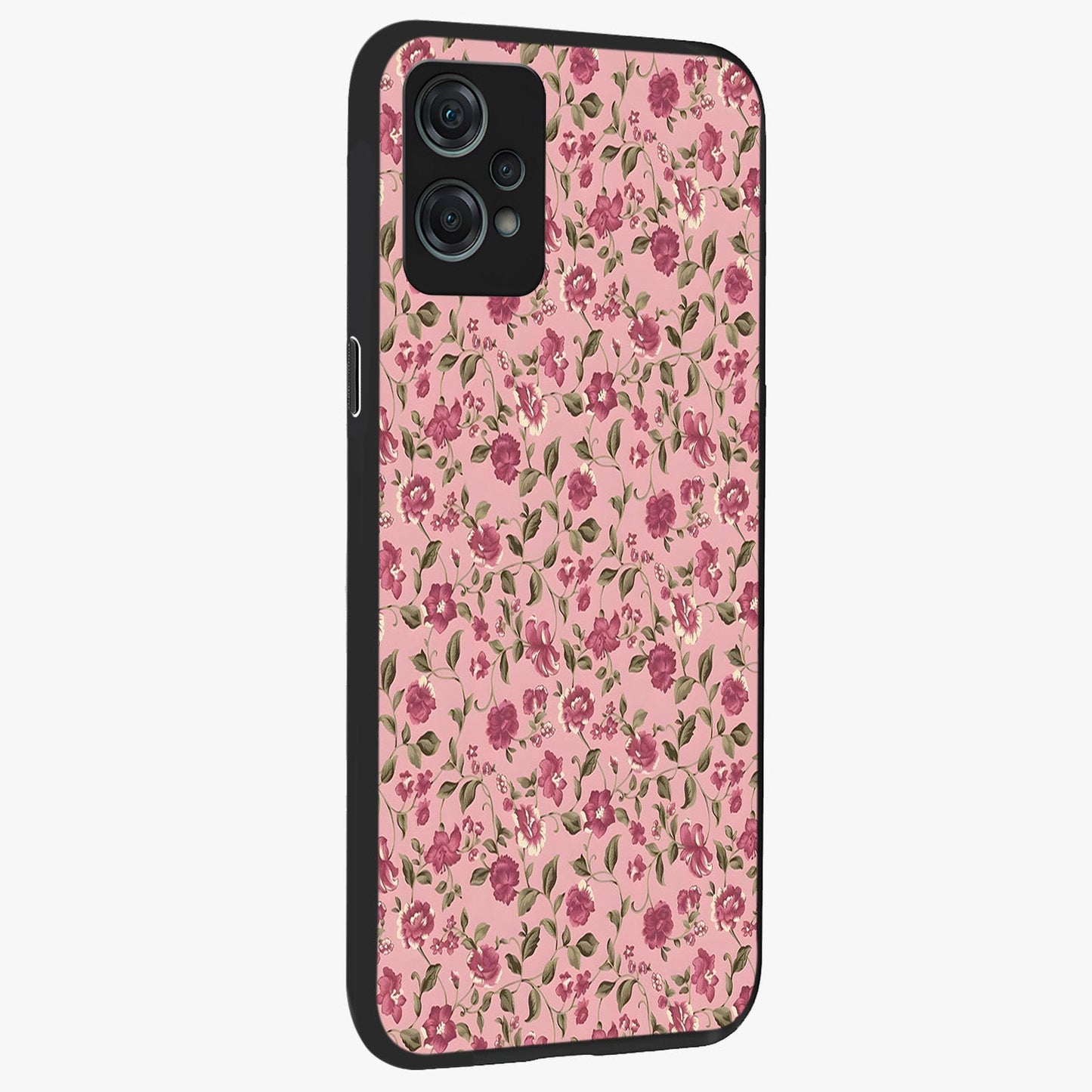 Charming Pink Floral Glass Case for 1+Nord Ce 2 Lite side perspective highlighting subtle floral textures and smooth edges
