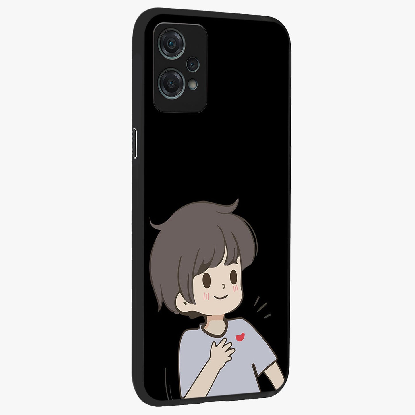 Cute Boy Heart Reaction Glass Case for 1+Nord Ce 2 Lite side perspective highlighting expressive illustration details and premium edges