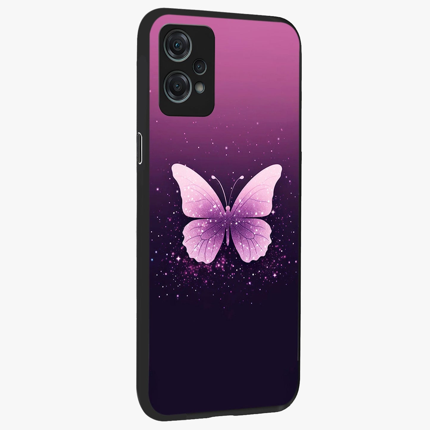 Cute Starry Butterfly Glass Case for 1+Nord Ce 2 Lite side perspective highlighting glowing star details and sleek edge finish