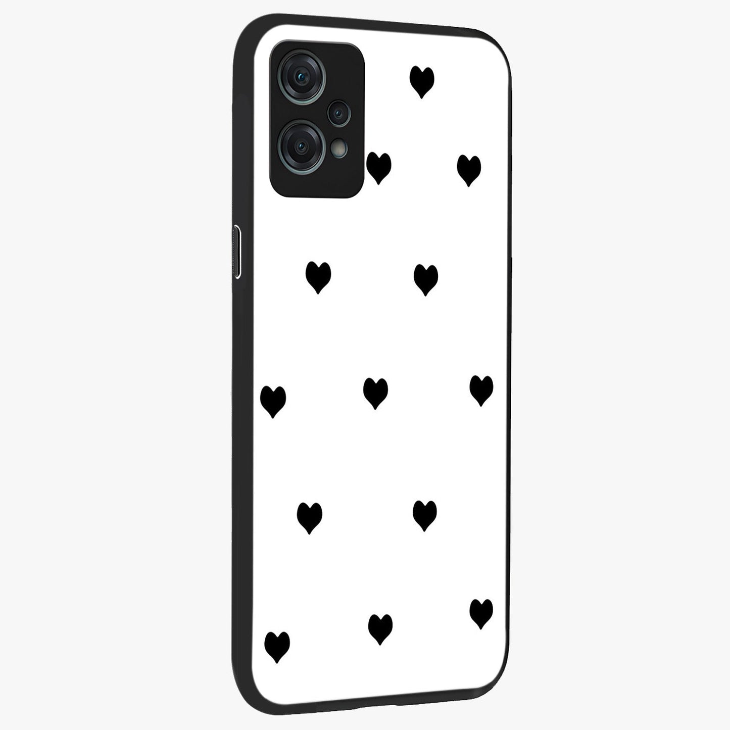 Cute Simple black Hearts Glass Case for 1+Nord Ce 2 Lite side perspective highlighting dramatic contrast and premium build