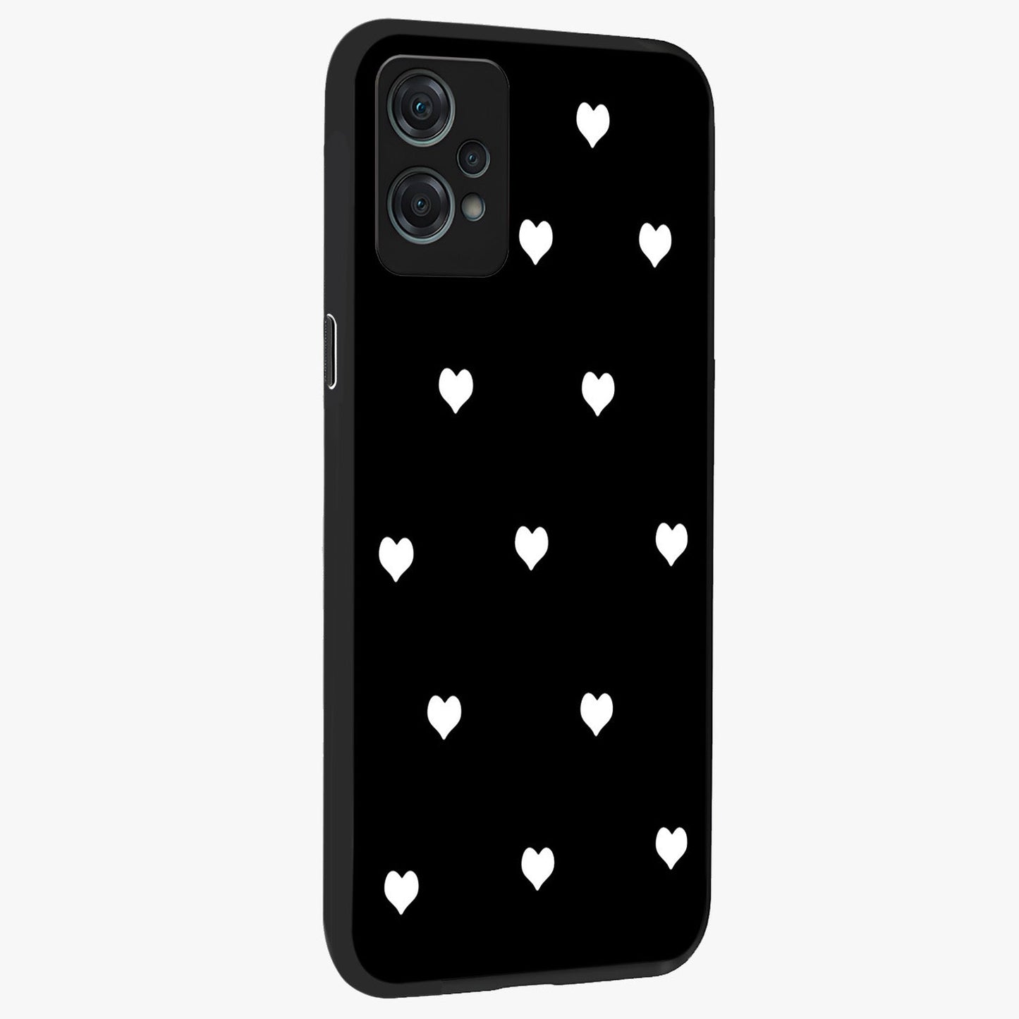 Cute Simple White Hearts Glass Case for 1+Nord Ce 2 Lite side perspective highlighting dramatic contrast and premium build
