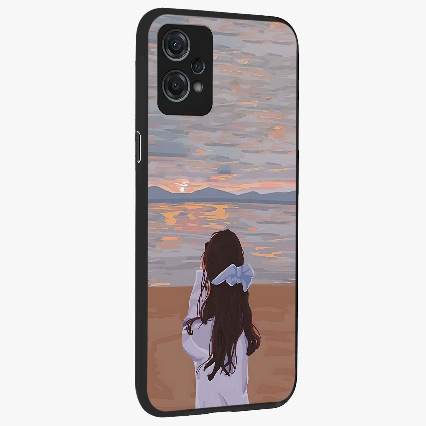 Girl Facing Sunset Beach Glass Case for 1+Nord Ce 2 Lite side perspective highlighting calming sunset gradients and smooth edges