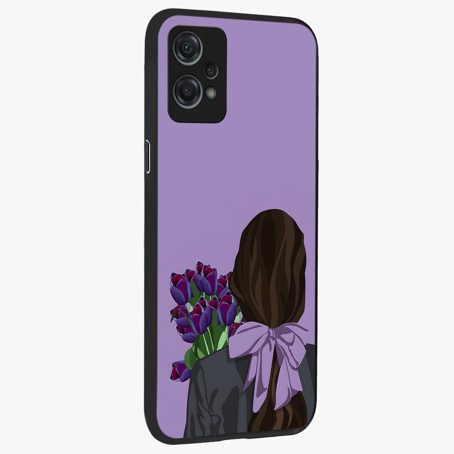 Girl Holding Flowers Glass Case for 1+Nord Ce 2 Lite side perspective highlighting delicate floral detailing and premium edges