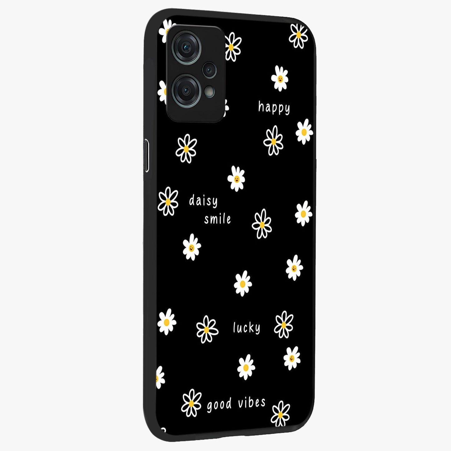 Good Vibes Daisy Black Pattern Glass Case for 1+Nord Ce 2 Lite side perspective highlighting playful daisy detailing and smooth edges