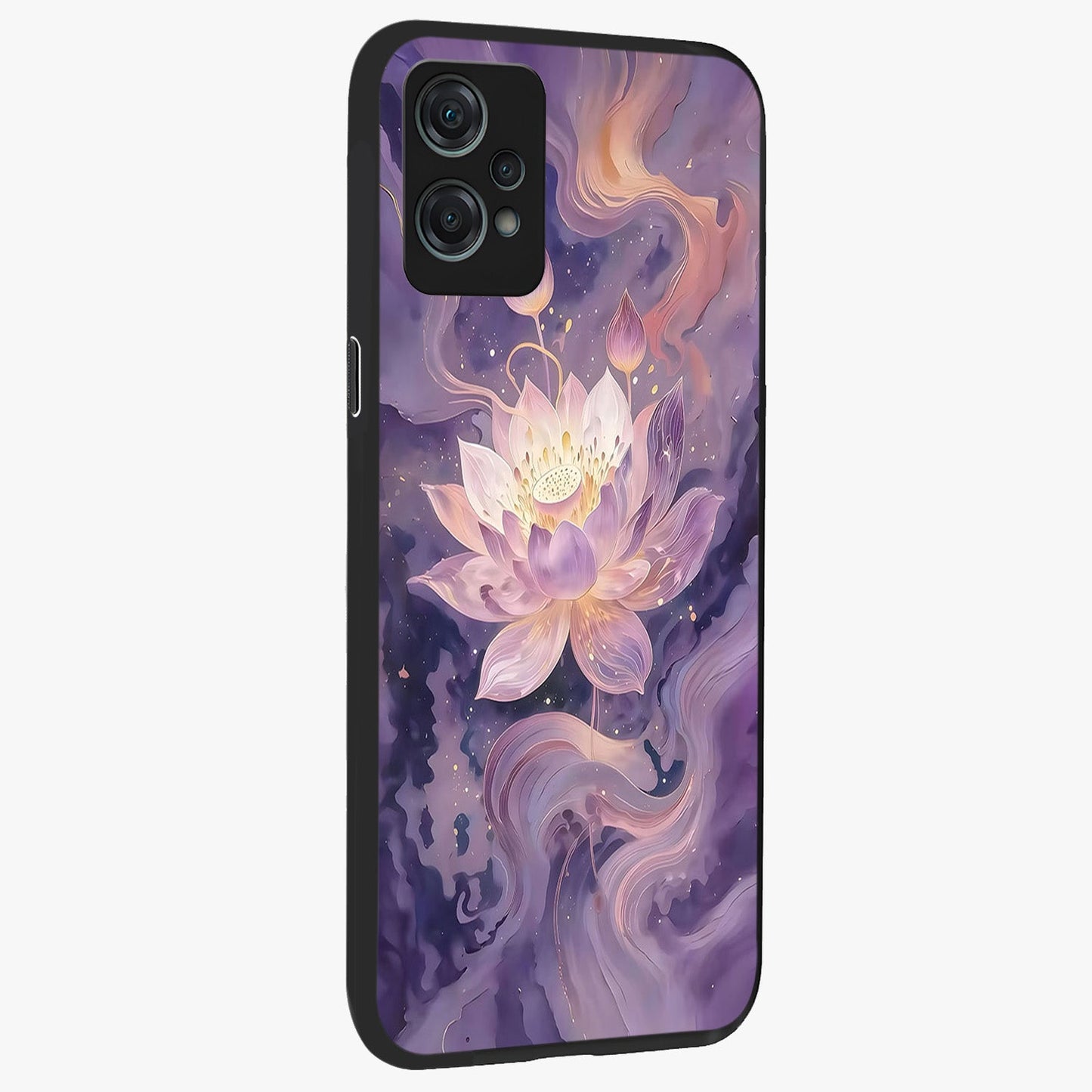 Lavender Lotus Muse Glass Case for 1+Nord Ce 2 Lite side perspective highlighting serene lotus textures and premium edges