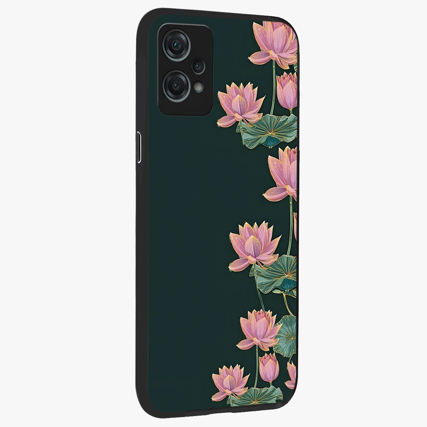 Lotus Bloom Serenity Glass Case for 1+Nord Ce 2 Lite side perspective highlighting delicate petal textures and premium edges