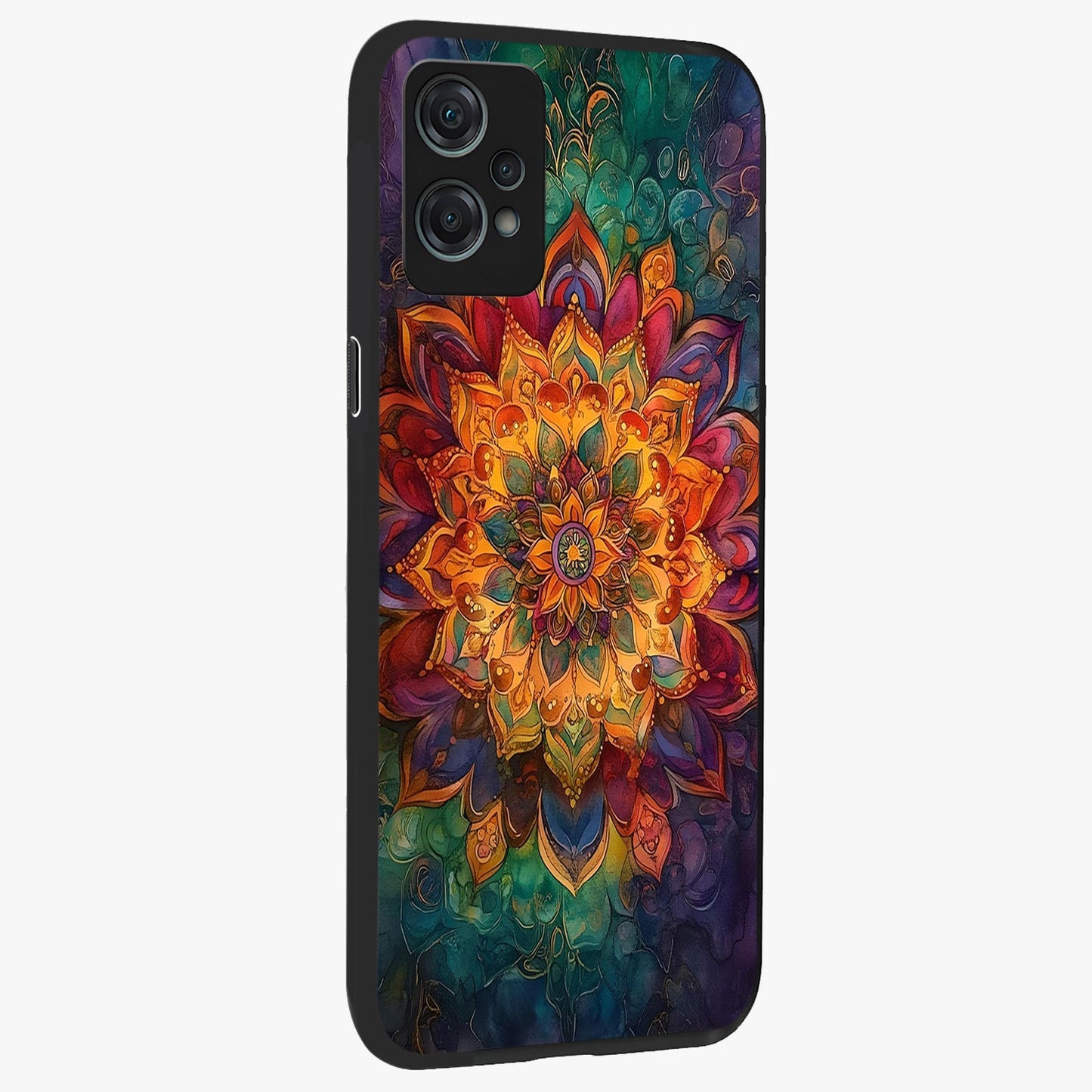 Mandala Vibrants Glass Case for 1+Nord Ce 2 Lite side perspective highlighting vibrant ornamental textures and premium edges