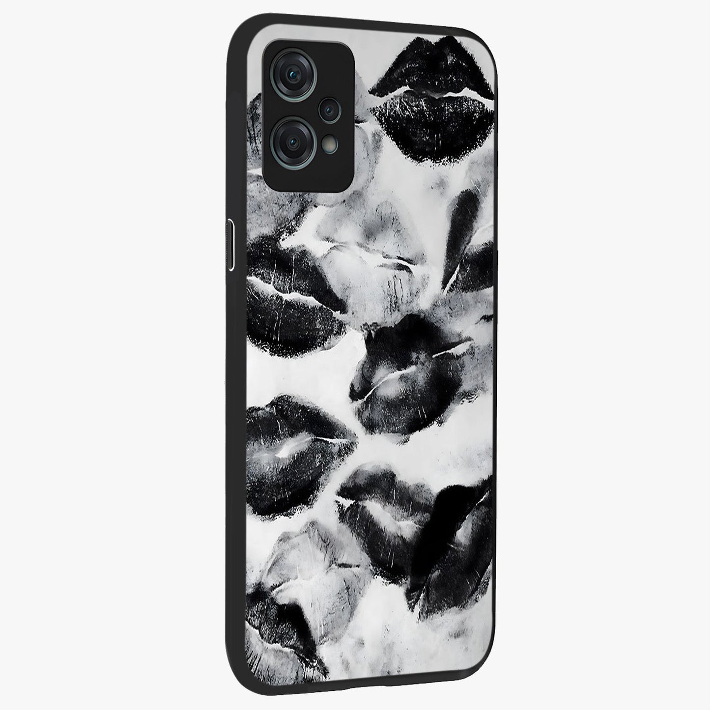 Midnight Kiss Marks Glass Case for 1+Nord Ce 2 Lite side perspective highlighting playful detailing and premium edge finish