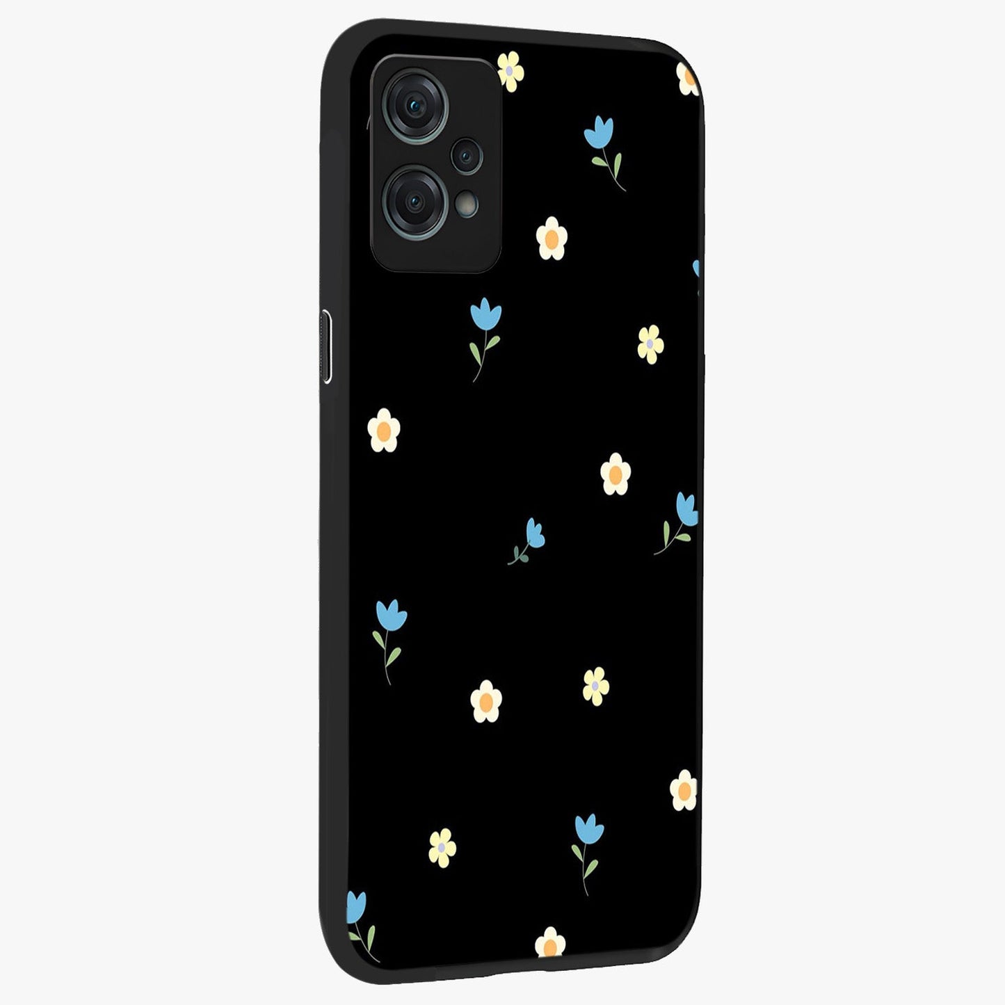 Minimalistic Blue With White Flower Pattern Glass Case for 1+Nord Ce 2 Lite side perspective highlighting subtle floral textures and premium edges