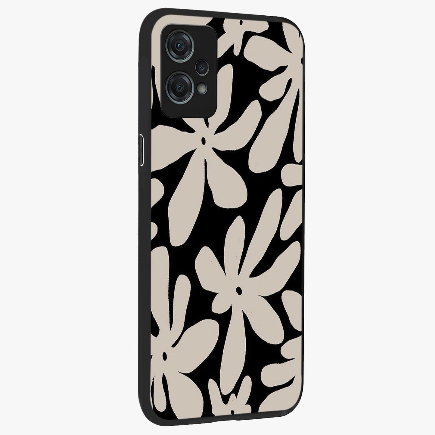 Monochrome Petal Dance Glass Case for 1+Nord Ce 2 Lite side perspective highlighting refined textures and premium edges