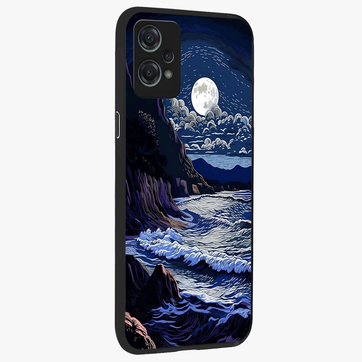 Night Moon Scenery Pattern Glass Case for 1+Nord Ce 2 Lite side perspective highlighting calming scenic textures and smooth build