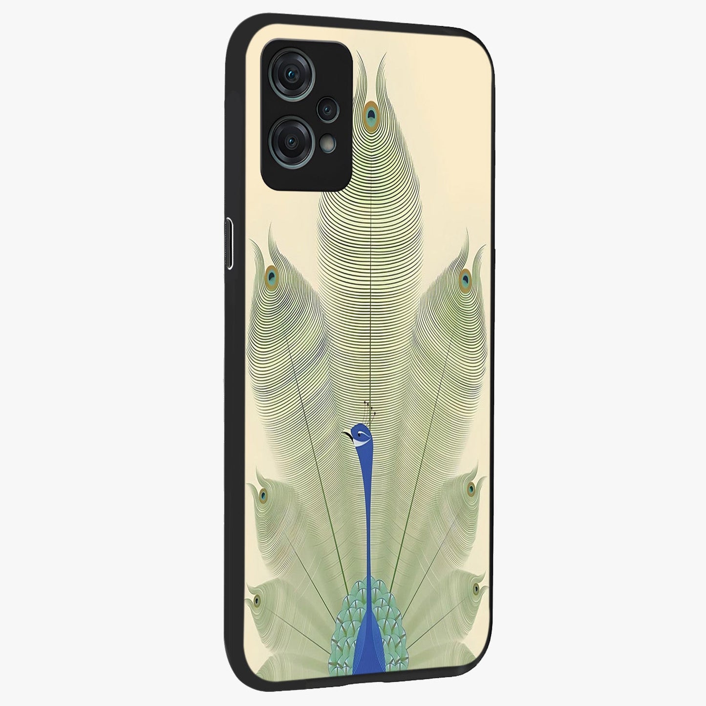 Peacock Feather Grace Glass Case for 1+Nord Ce 2 Lite side perspective highlighting intricate plume textures and premium edges