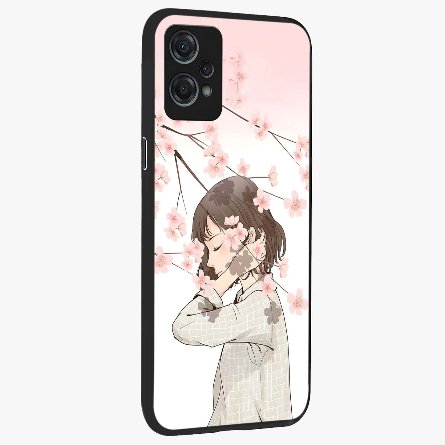Pink Blossom Girl Glass Case for 1+Nord Ce 2 Lite side perspective highlighting elegant textures and premium edges