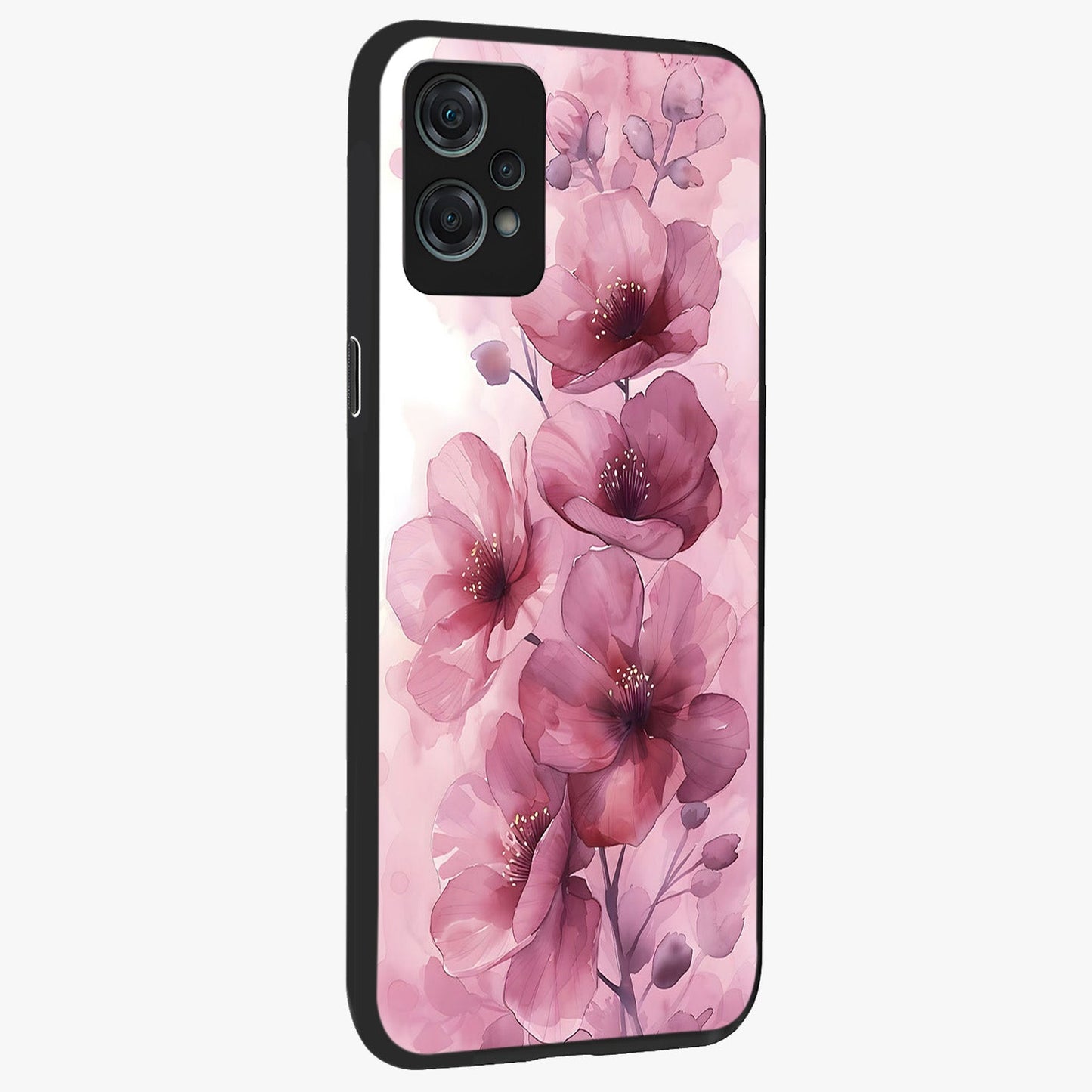 Pink Floral Glass Case for 1+Nord Ce 2 Lite side perspective highlighting subtle floral textures and premium edges