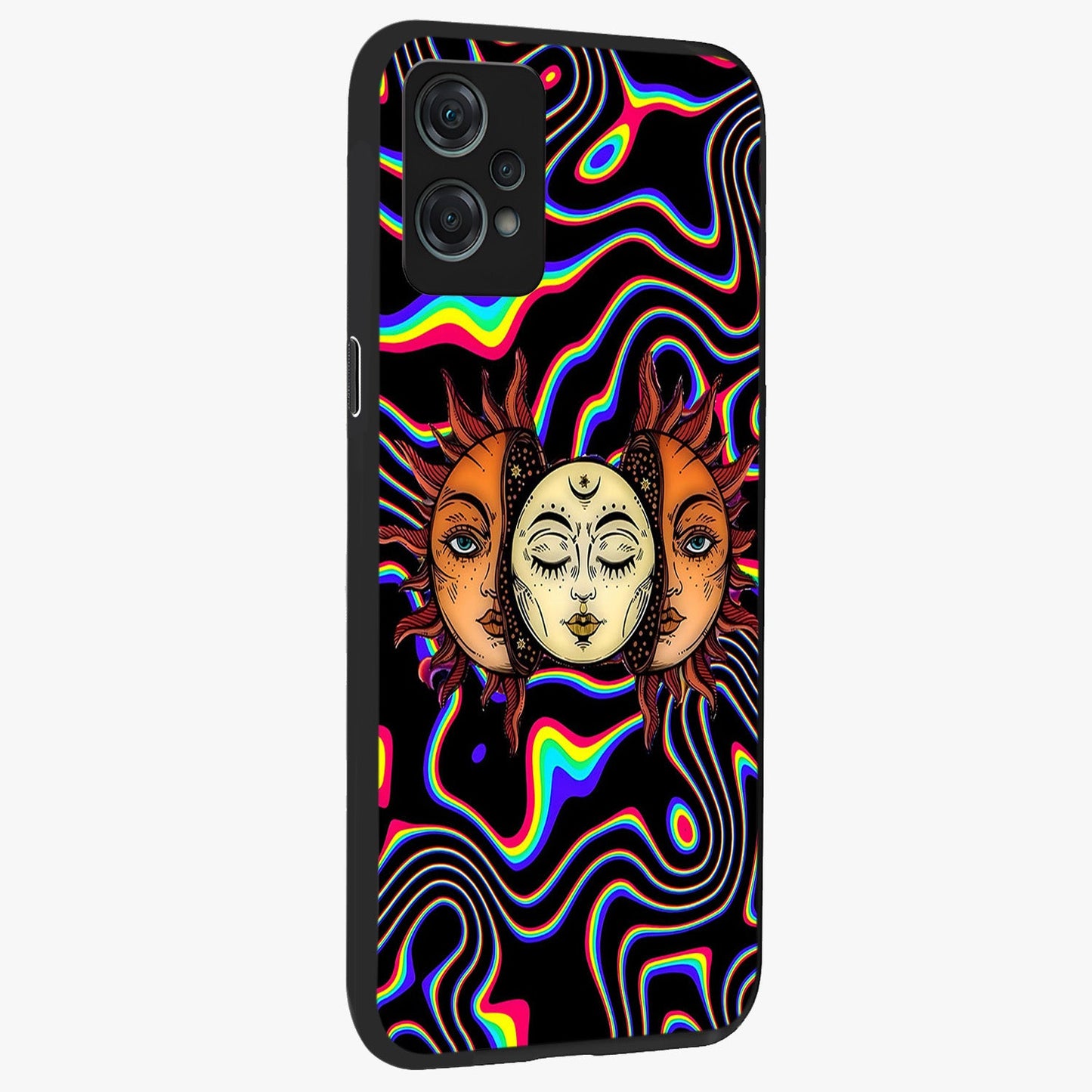 Psychedelic Sun Glass Case for 1+Nord Ce 2 Lite side perspective highlighting vivid gradients and premium edge finish