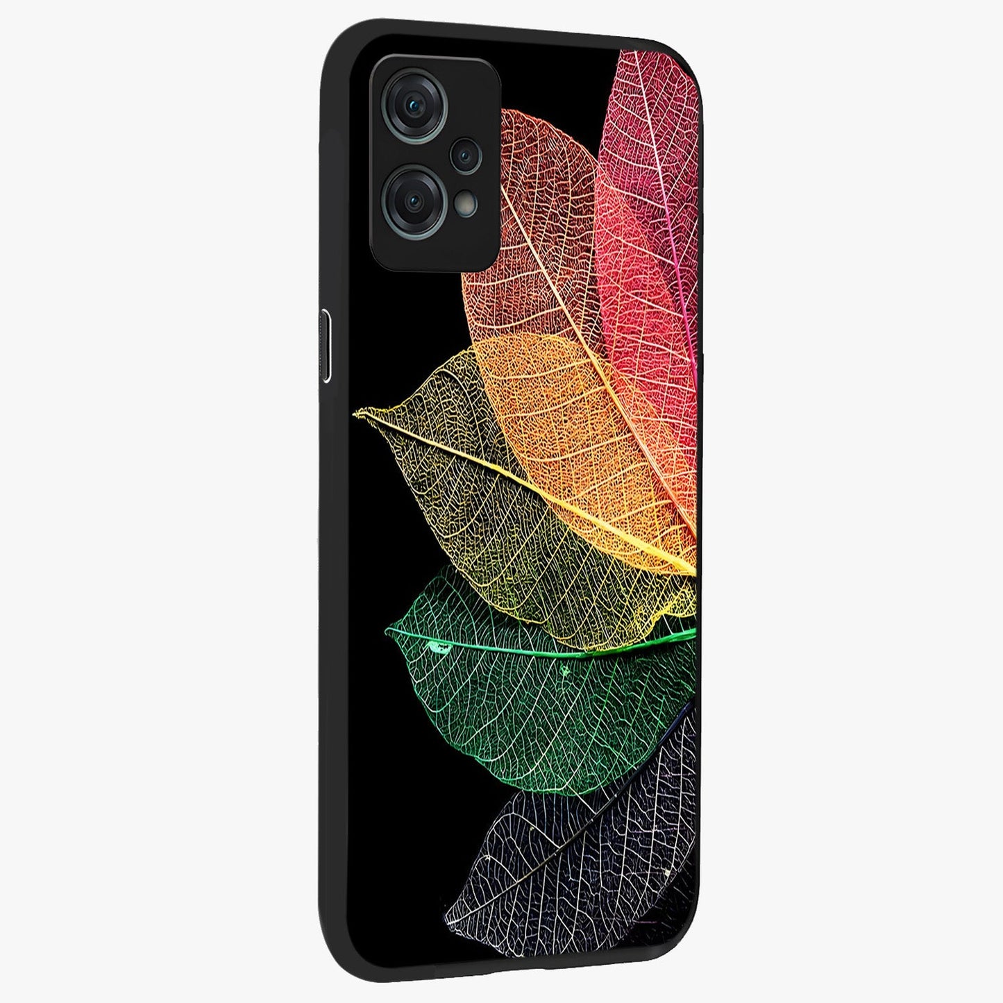 Rainbow Leaf Glow Glass Case for 1+Nord Ce 2 Lite side perspective highlighting bright detailing and premium edge finish