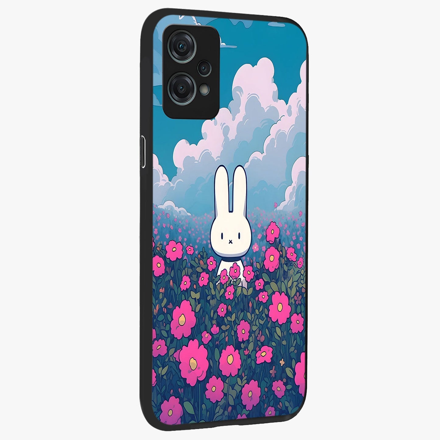 Springtime Blossom Bunny Glass Case for 1+Nord Ce 2 Lite side perspective highlighting charming illustration textures and premium edges
