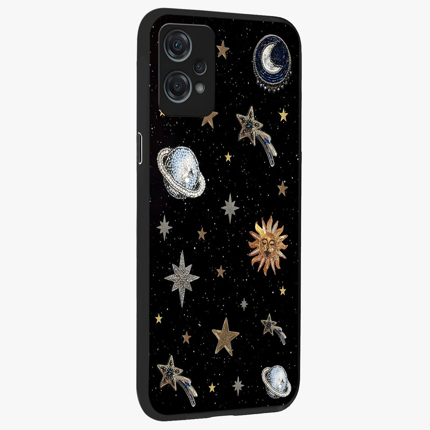 Stars and Planets Brooches Glass Case for 1+Nord Ce 2 Lite side perspective highlighting intricate planetary textures and sleek build