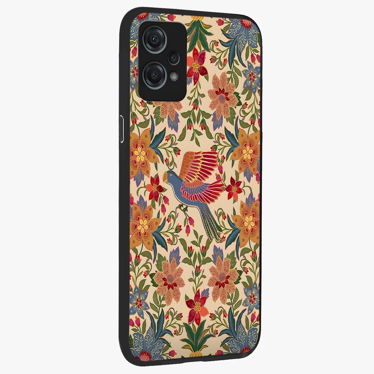 Tropical Folk Art Bird Glass Case for 1+Nord Ce 2 Lite side perspective highlighting detailed feather textures and premium edges
