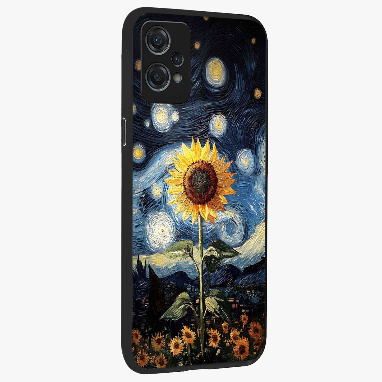 Van Gogh Sunflower Glass Case for 1+Nord Ce 2 Lite side perspective highlighting textured brushstroke details and premium edges