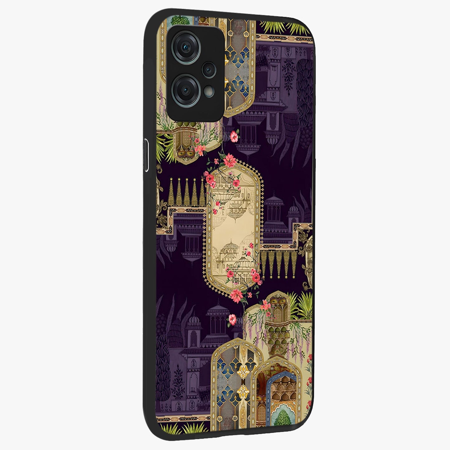 Velvet Mughal Art Glass Case for 1+Nord Ce 2 Lite side perspective highlighting ornate detailing and smooth premium build