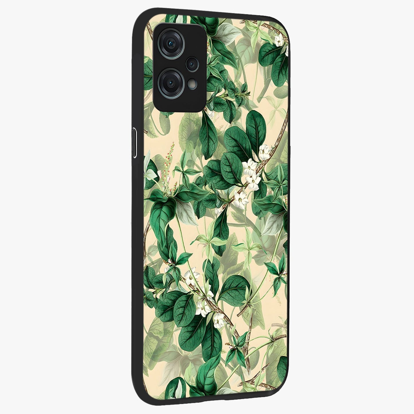 Verdant Garden Whispers Glass Case for 1+Nord Ce 2 Lite side perspective highlighting delicate leaf textures and premium edges