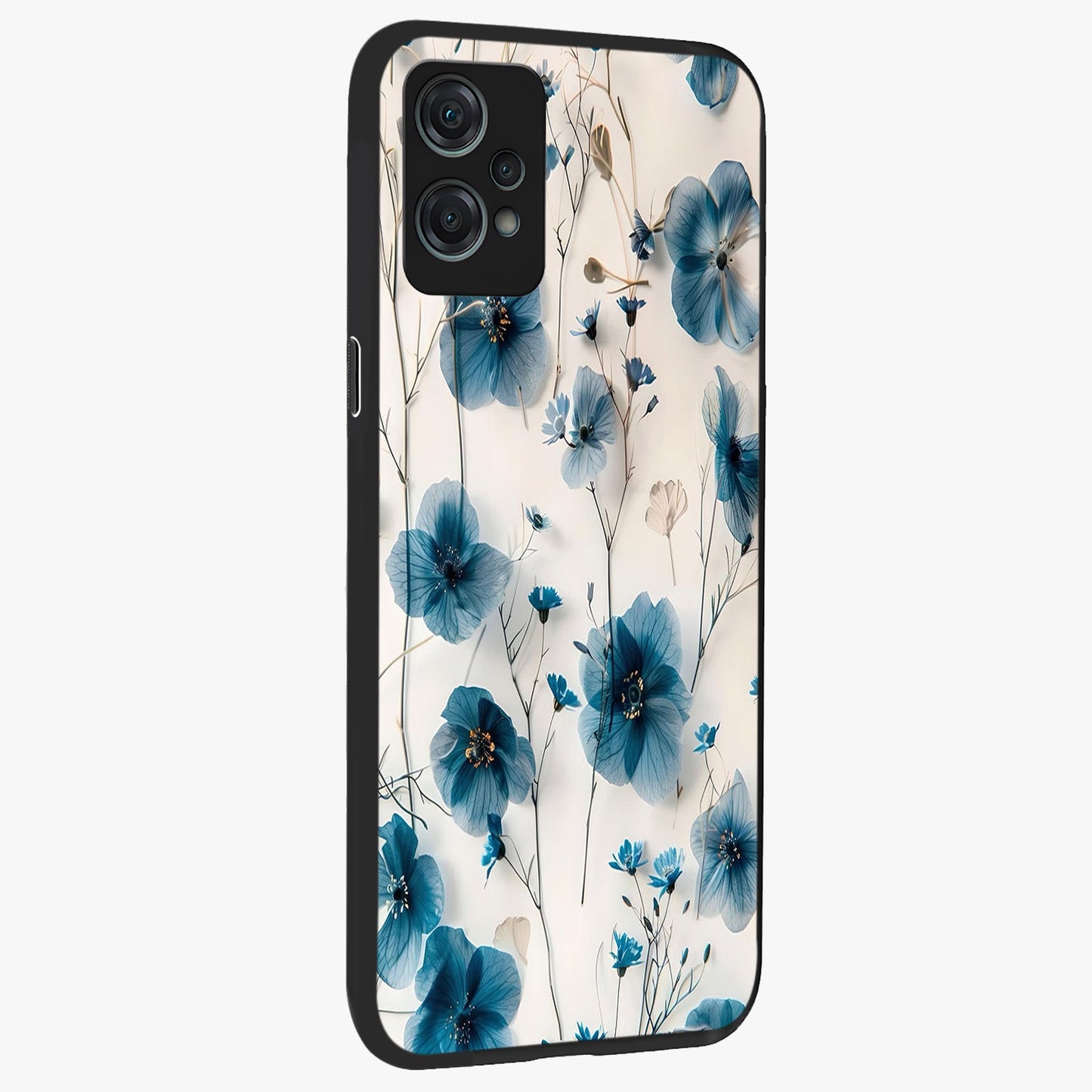 Whispers of Blue Bloom Glass Case for 1+Nord Ce 2 Lite side perspective highlighting intricate bloom textures and premium edges