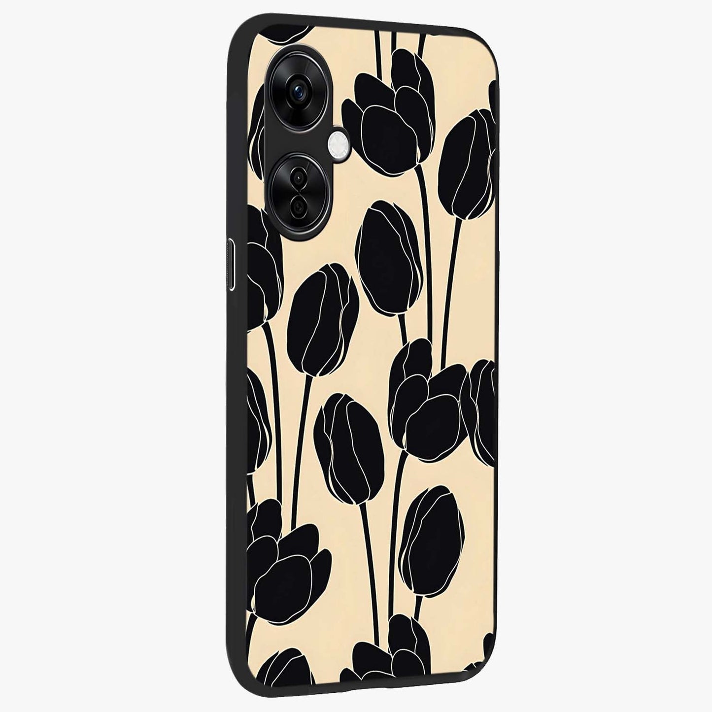 Black Designer Tulip Glass Case for 1+Nord CE 3 Lite side perspective highlighting bold contrast and stylish tulip illustration