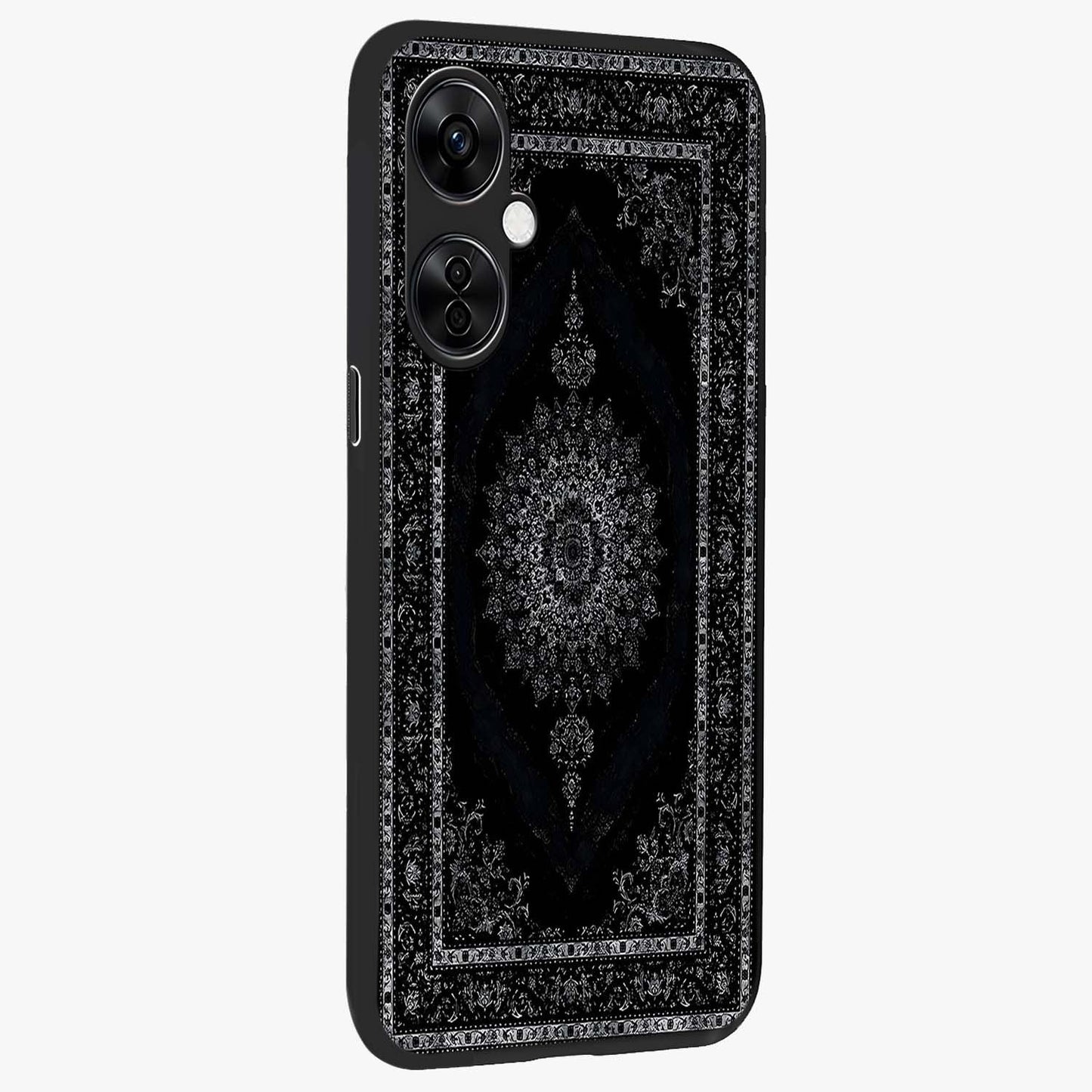 Black Persian Carpet Glass Case for 1+Nord CE 3 Lite side perspective highlighting classic pattern textures and premium build