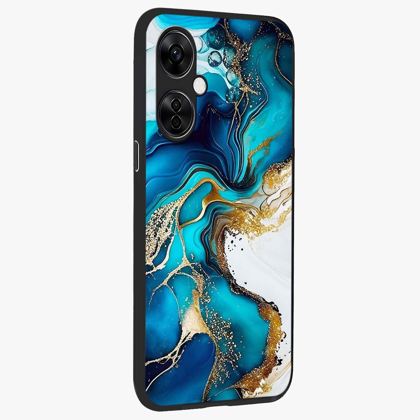 Blue and White Marble With Golden Viens Art Glass Case for 1+Nord CE 3 Lite side perspective highlighting rich marble textures and elegant gold accents