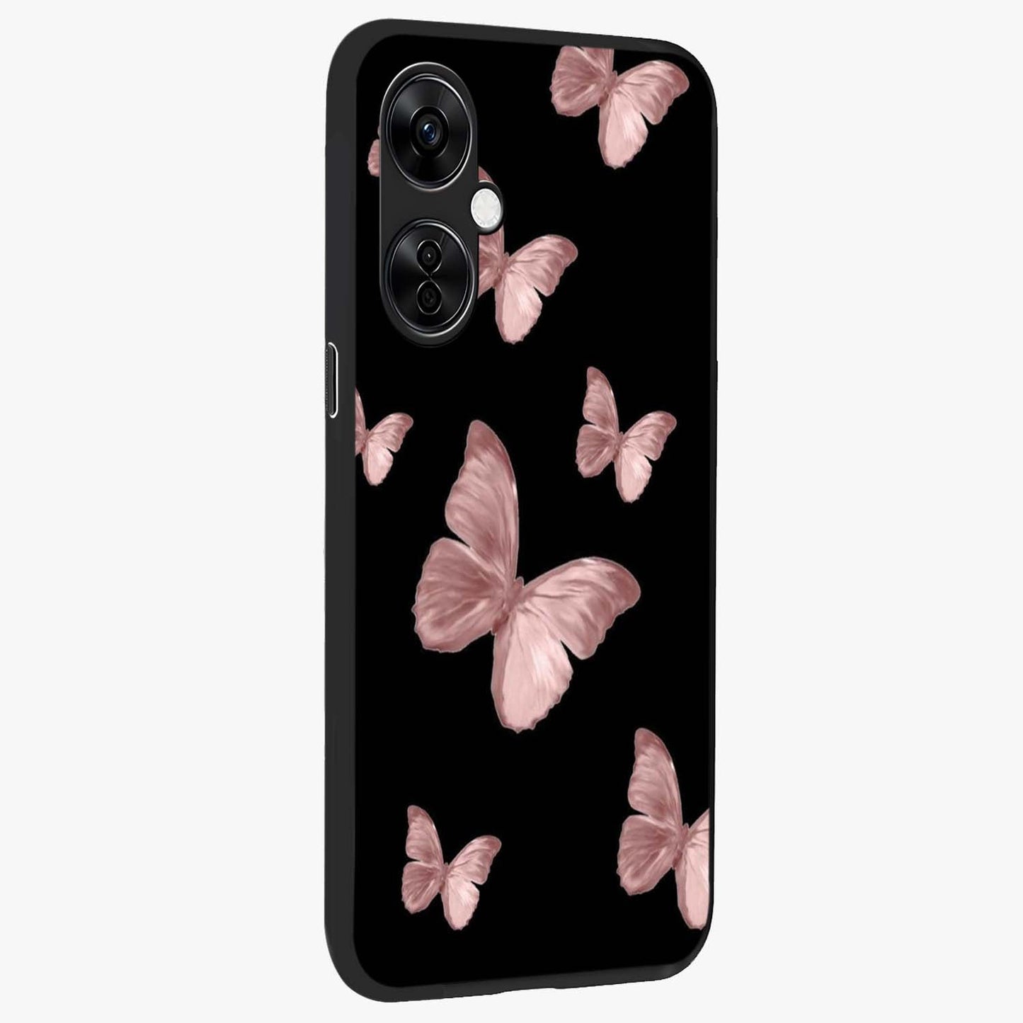 Butterfly Pattern Glass Case for 1+Nord CE 3 Lite side perspective highlighting smooth edges and vibrant butterfly patterns