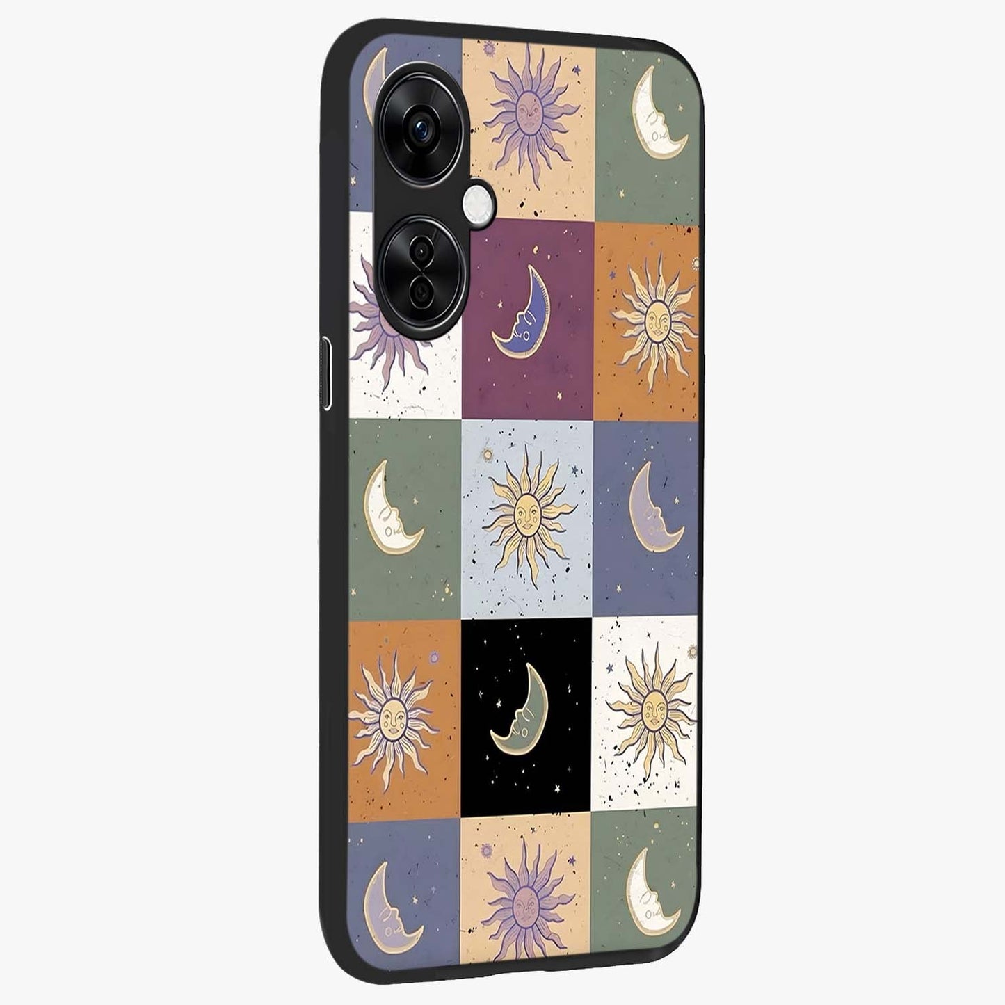 Celestial Patchwork Dreams Glass Case for 1+Nord CE 3 Lite side perspective highlighting vibrant patchwork detailing and sleek edges